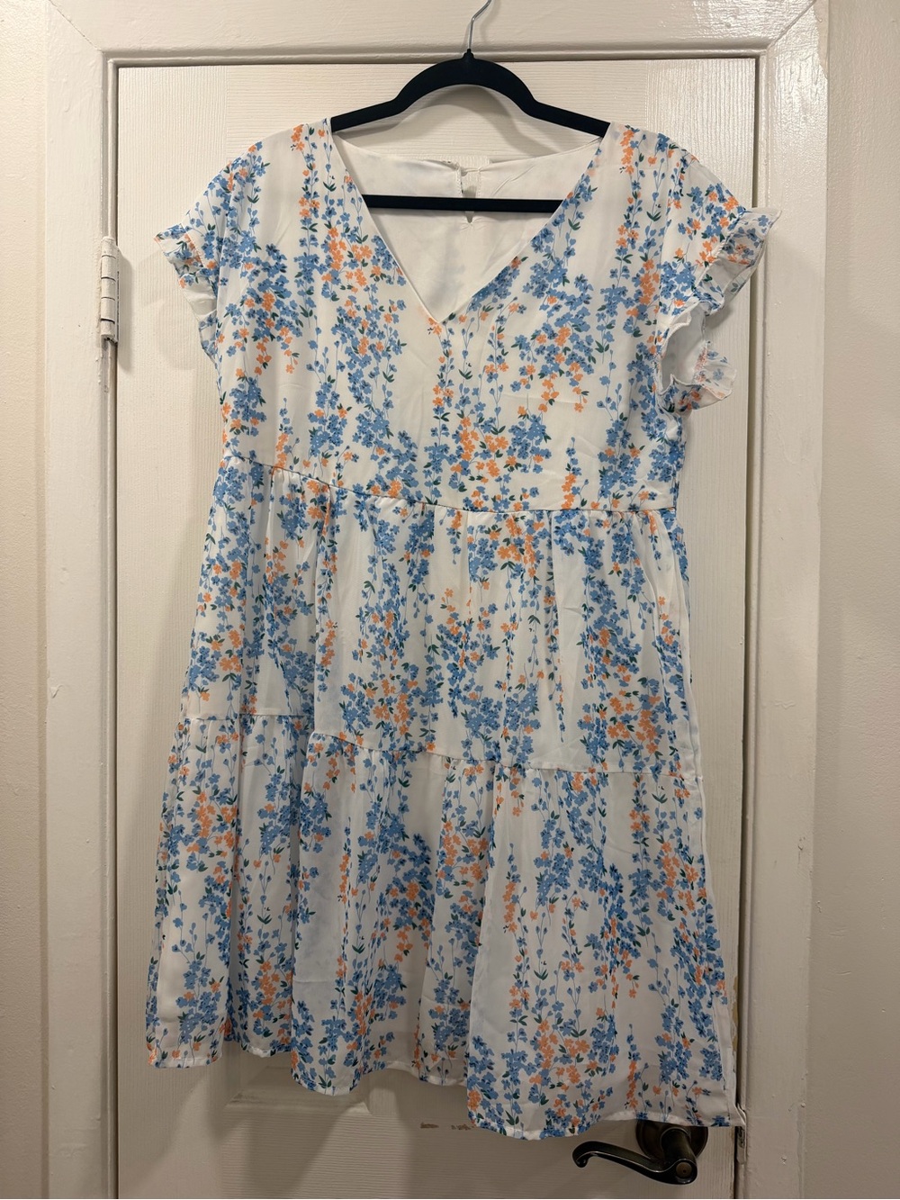 White Floral V-Neck Tiered Sundress in Blue & Peach